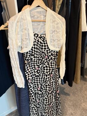 Romantic 2pc Set: White Pointelle Shrug & Checkered Heart Maxi Dress